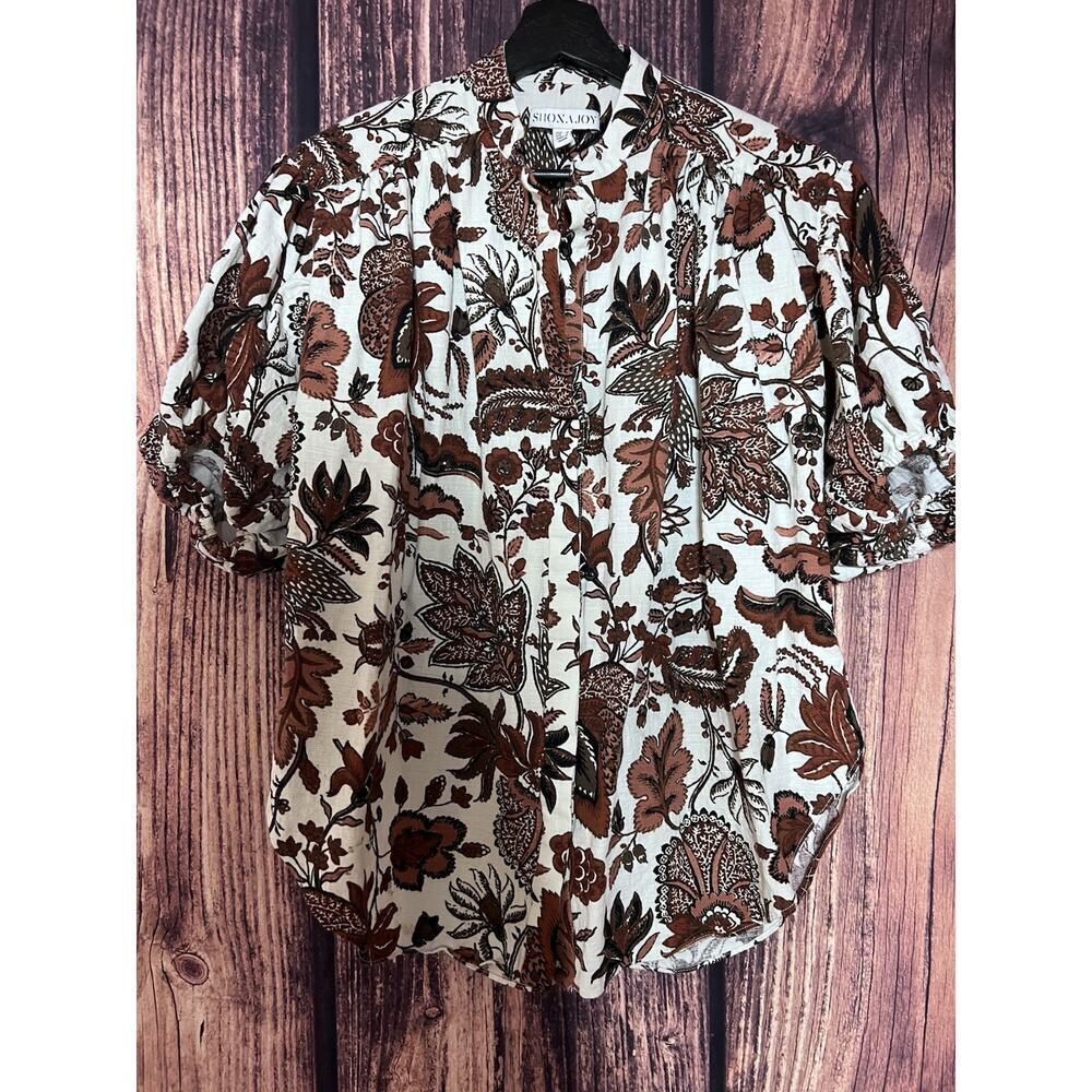 Shona Joy Women's Brown Pallenberg Floral Linen Peplum Blouse Sz 6 Ballon $335